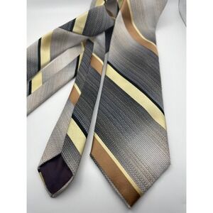 Designer Collection Mens Necktie Grey Yellow Tan Striped Woven Textured Tie